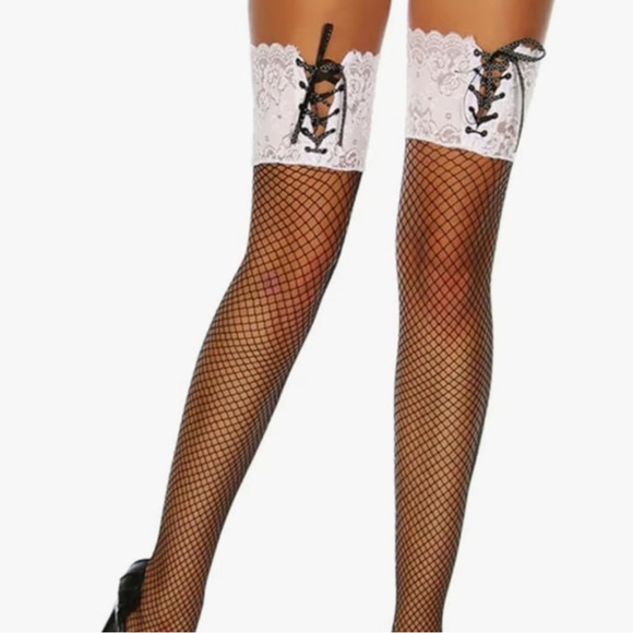 Black fishnet thigh high OTK sock lace corset burlesque garter belt lingerie new - Picture 5 of 12
